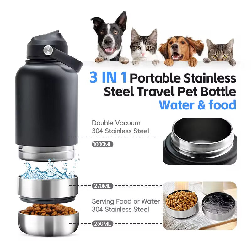 32 Oz Insulated Pet Travel Feeder. 3 in 1 Stainless Steel